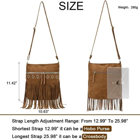 Western Fringe Crossbody Bag Faux Suede Shoulder Purse for Women - Picture 2 of 6